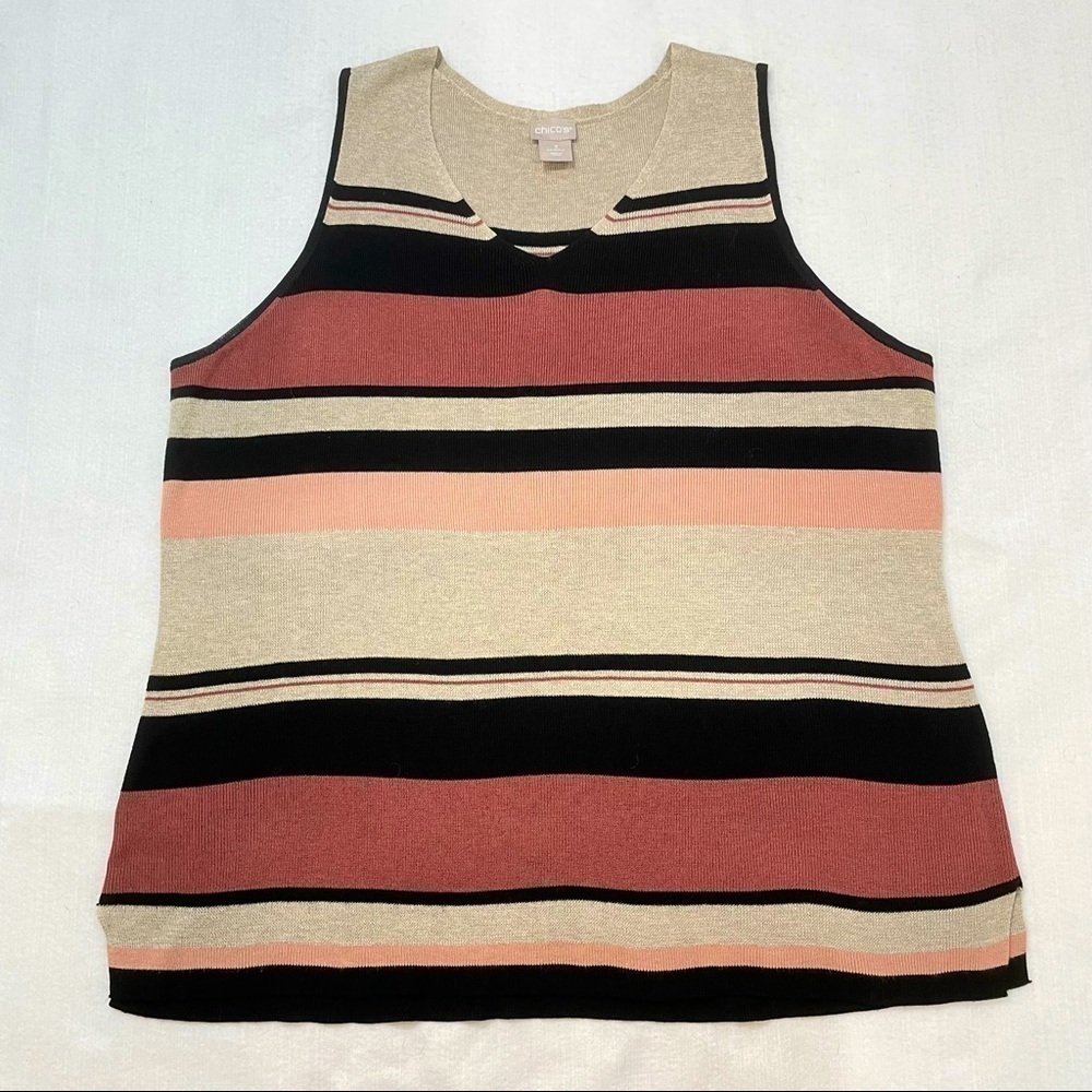 Chico’s sleeveless knit shell blouse stripes rust, tan, black fall colors Large 